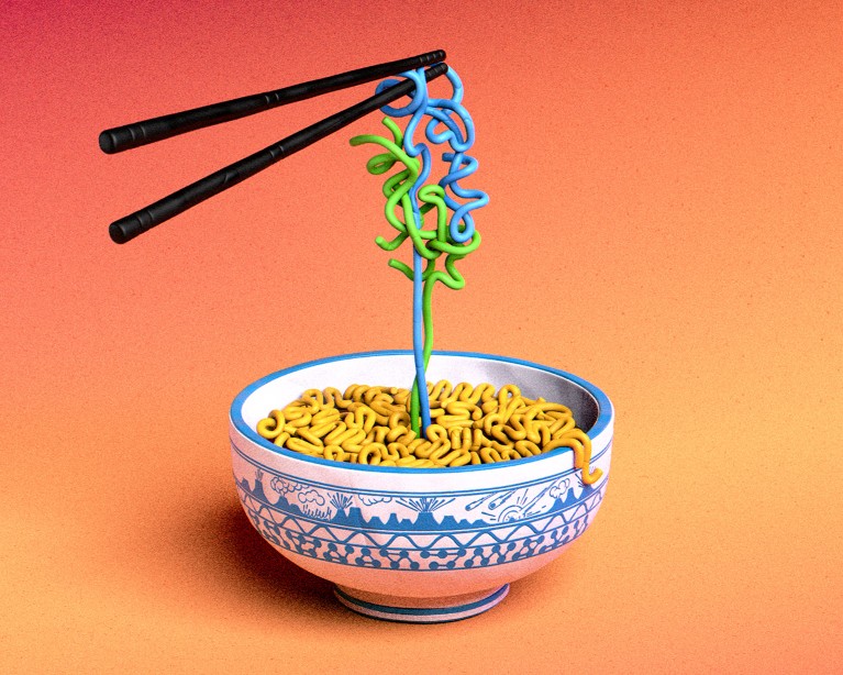 Model of chopsticks pulling early-Earth ribosomal RNA from a bowl of ramen.