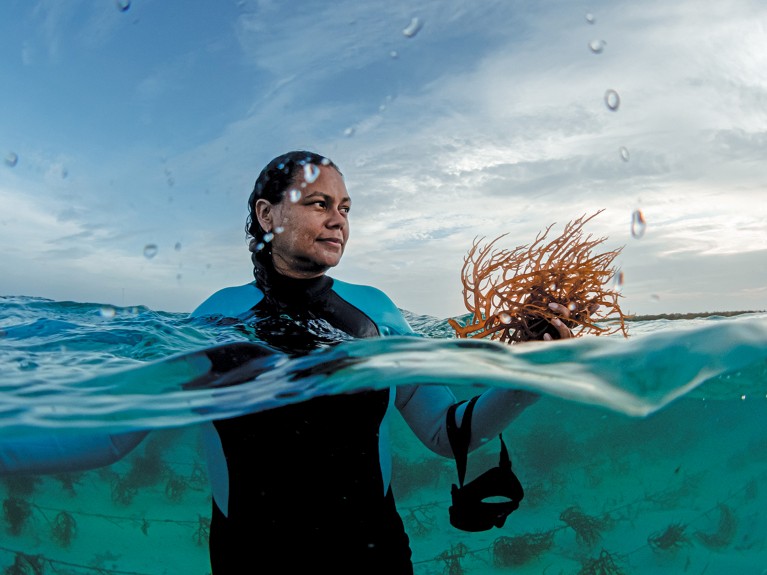 Marine Biologist Julie Robinson in water at a seaweed farm built to provide an alternative livelihood for fishers in Belize.