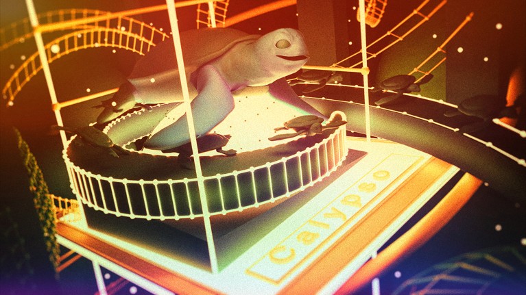 A giant turtle floats above a CGI pool that sits on a lit-up panel marked “Calypso”
