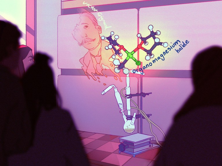 Cartoon of a smoky apparition of chemist Victor Grinard fading away and being replaced by a solid molecule of an experiment