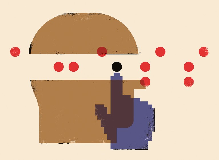 Cartoon showing ACCESS written in Braille with a digital hand pointing toward one dot that also forms the eye of a person's head