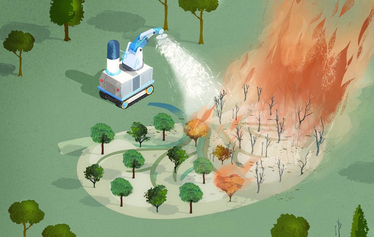 Illustration of a kidney-shaped garden partially on fire. A blue fire truck is spraying it with white drug powder to put it off.