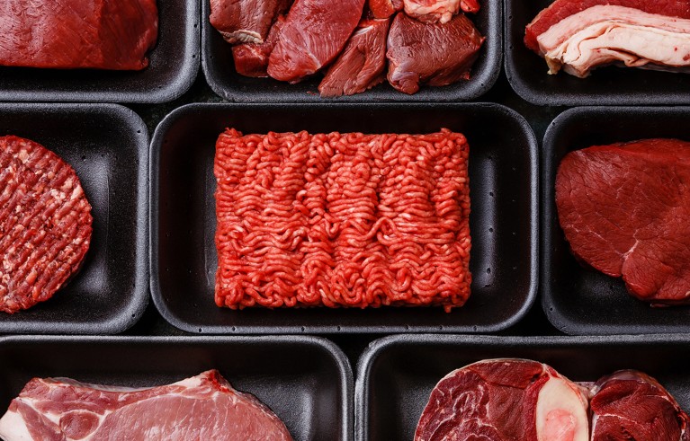 Different types of meat in plastic boxes packaging tray.
