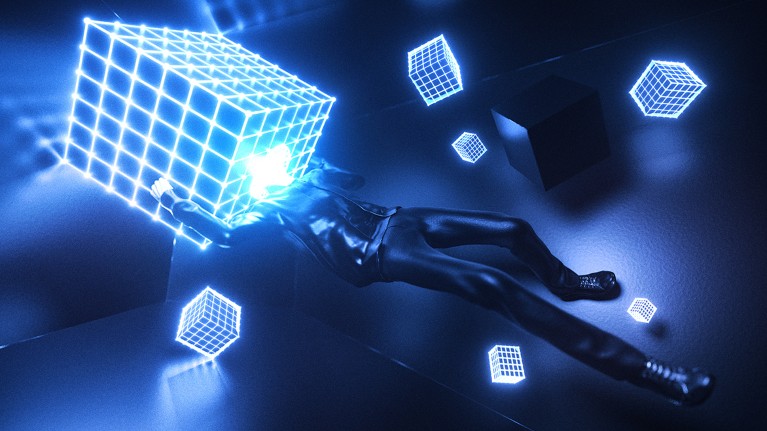 A male figure floats in space surrounded by CGI cubes, one of which envelops his head