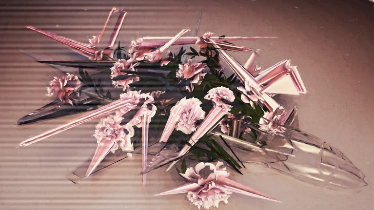 Pink flowers lie on the ground amid shattered shards of glass — part of the image looks computer-generated