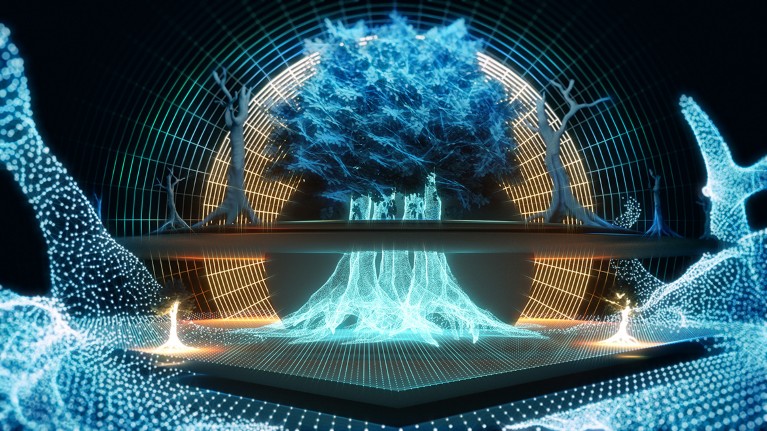 Cast in blue, a group of computer-generated trees rise up amid CGI dead branches