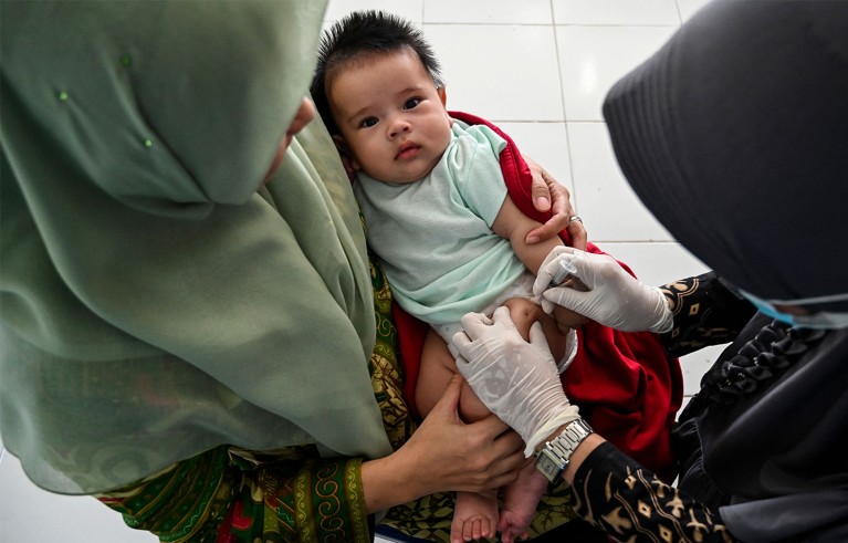 A baby receives a Bacillus Calmette-Guerin (BCG) vaccine for tuberculosis, Banda Aceh, Indonesia.