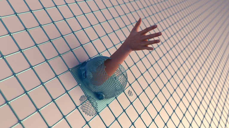 A human hand reaches out through a computer-generated, wireframe human head that is emerging from a mesh grid