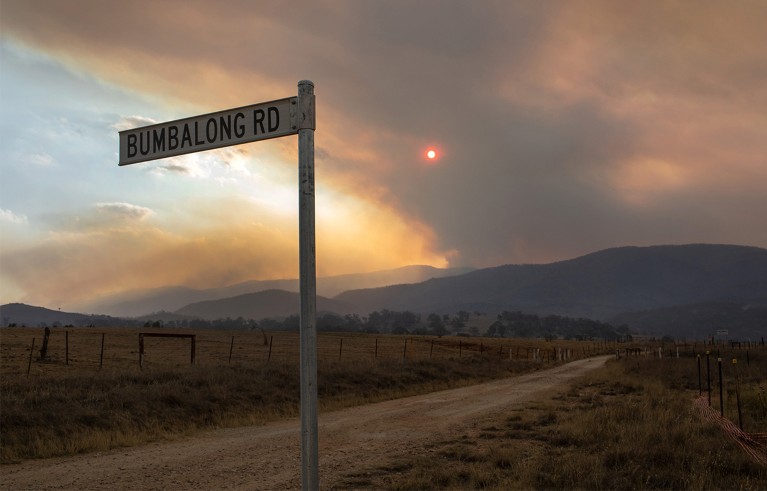 森林大火在Bumbalong烟雾遮住太阳,澳大利亚。