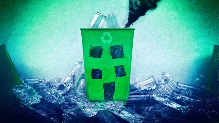 Black smoke pours from a green recycling bin filled with plastic. The bin has black squares on it to resemble a cartoon house