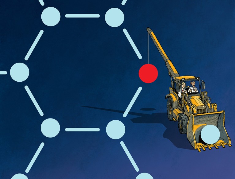 Cartoon showing a molecule in a chemical structure being replaced by researchers in a bulldozer