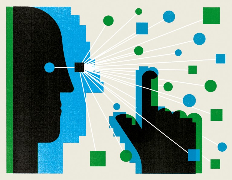 An illustration of a person pointing to digital shapes with lines connecting from their eye to the shapes like a network.