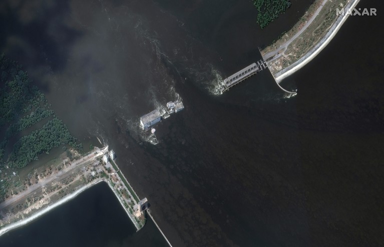 Maxar satellite imagery of the destruction of the Nova Kakhovka dam and hydroelectric power facility.