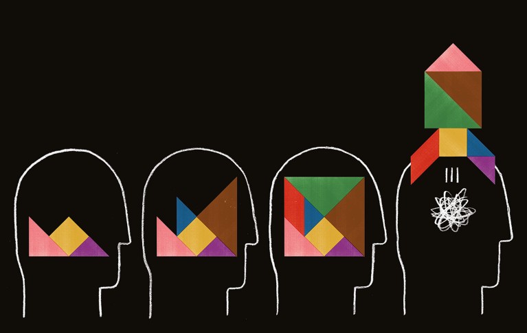 Cartoon of 4 heads with colourful tangrams growing in each with the final head the tangram forming a rocket and taking off.