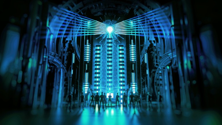 A group of human figures stand dwarfed by a huge computer with an eye-like glowing light at the top