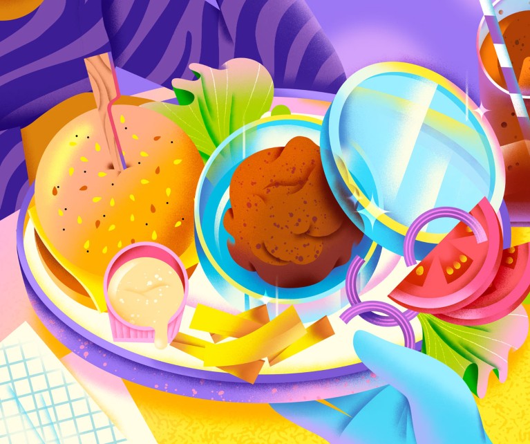 程式化插图显示的快餐食品组成的汉堡,薯条,沙拉和肉在培养皿中。