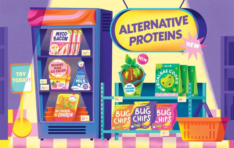 Stylised illustration showing a shop display of alternative protein products with signs saying 'New' and 'Try today'.