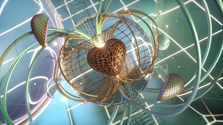 A wire-frame heart sits inside a cage framework resembling a torus; fragments of a second heart float nearby