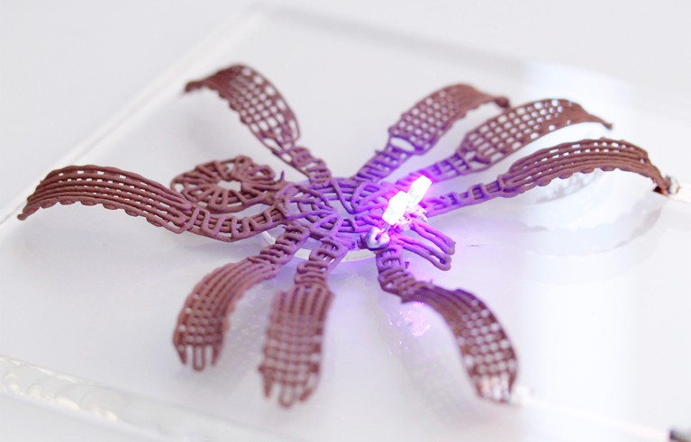 Spider like solid shape from metallic gel that is highly electrically conductive.