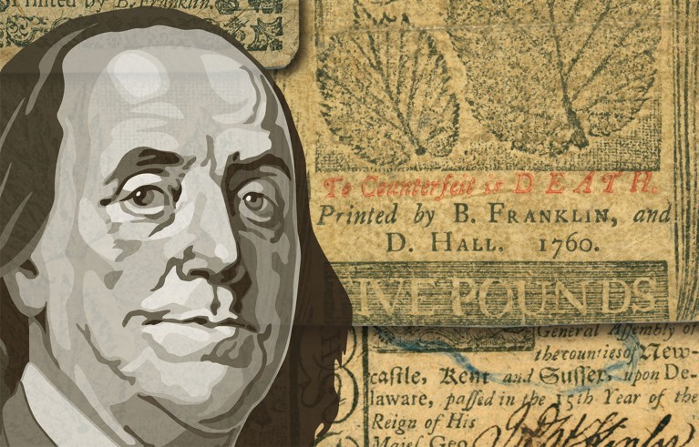 An eighteenth-century American £5 note with the face of Benjamin Franklin.