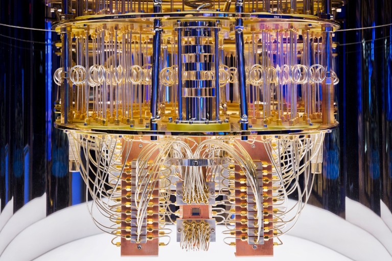 Close-up of the gold interior of a quantum computer