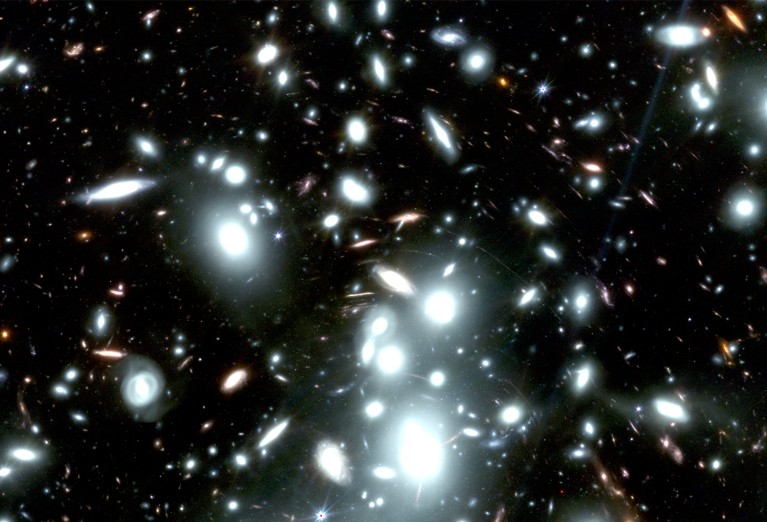 Composite-colour image of the central core of a massive galaxy cluster.