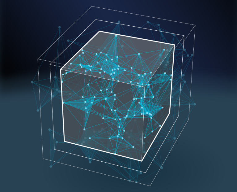 Regulating AI: Illustration that shows a neural network of nodes being restricted within a defined cube.