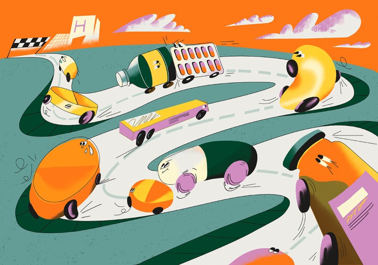 Conceptual illustration showing drugs racing towards a finish line.