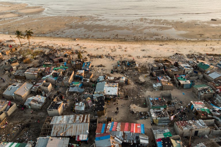 Aerial view of debris and destroyed buildings caused by Cyclone Idai