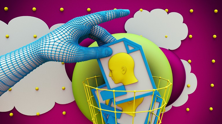 Memory cards with a human face on them are dropped into a bin by a digitally rendered hand