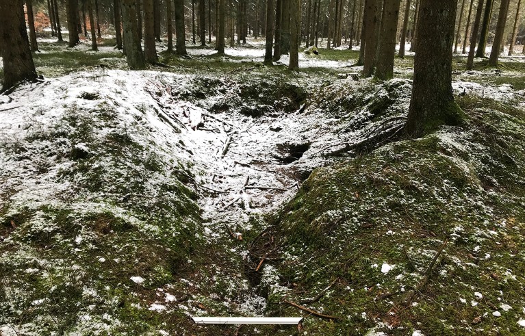 A shallow dugout in a forest, with a light covering of snow.