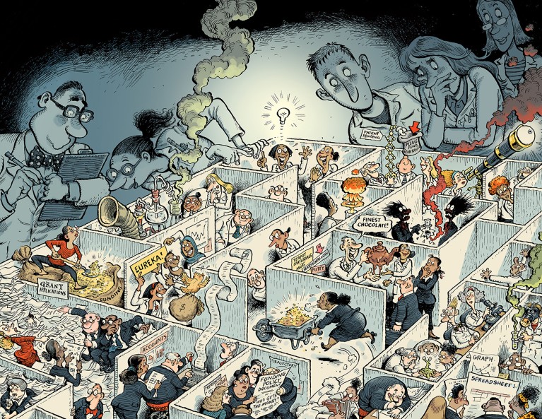 Cartoon showing a chaotic scene of funders and scientists rushing about being watched by larger scientists from above