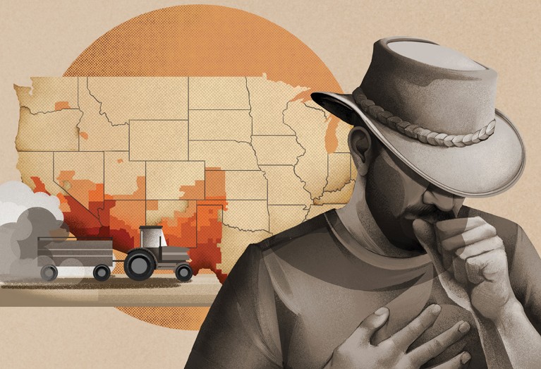 Illustration of migrant worker coughing with map of the US in background