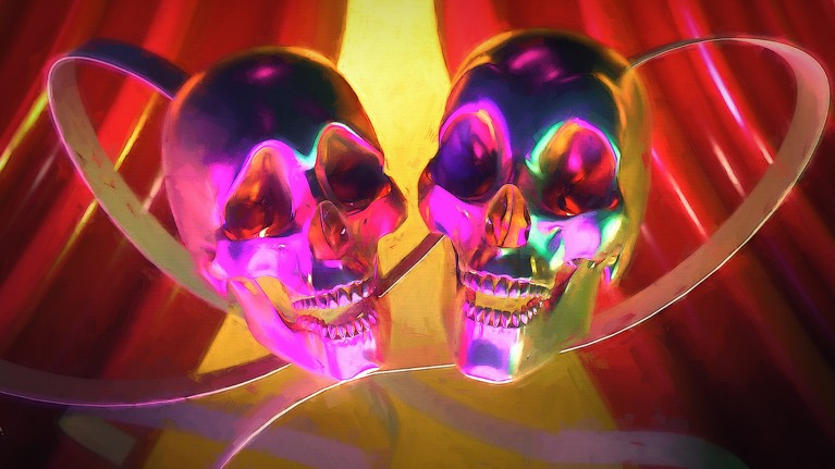 Two human skulls that look as though they are laughing float in front of slightly open red theatre curtains