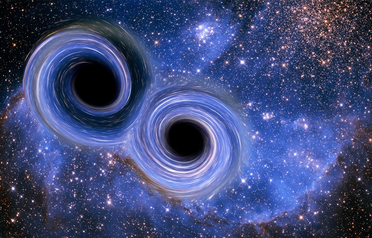 Colliding black holes, illustration of the merger of two black holes.