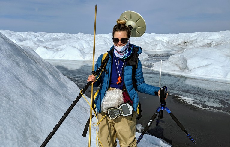 McKenzie Skiles making measurements at the edge of the Greenland Ice Sheet.