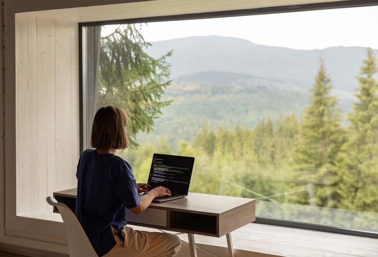 A woman works on a laptop remotely next to a window with a mountainous forest view.