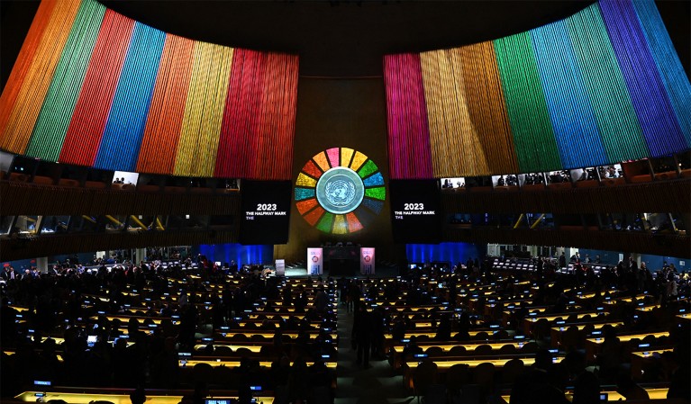 Delegates watch a video presentation during the opening session of the second SDG Summit in New York City.