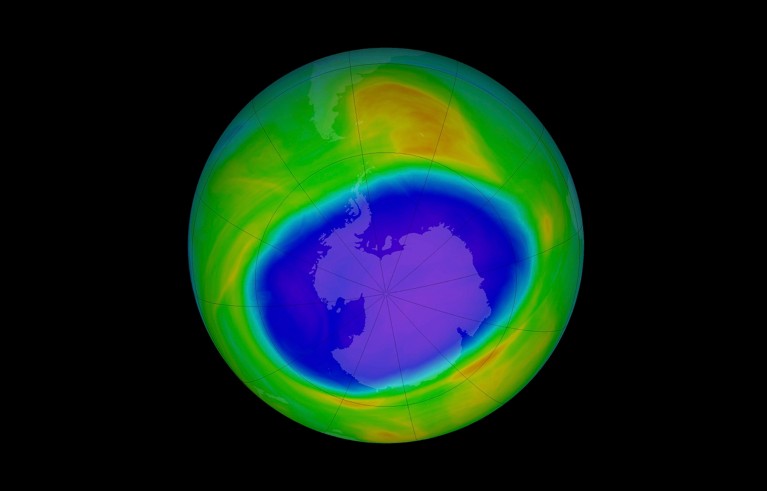 Satellite image of the maximum extent of the ozone hole (black) over Antarctica (centre) in 2020.