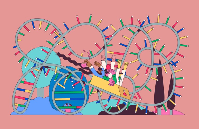 Cartoon showing scientists riding a rollercoaster made of RNA.