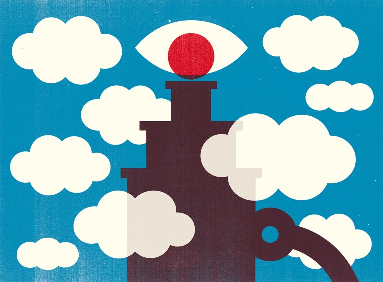 Cartoon showing an eye looking into a giant microscope surrounded by clouds.