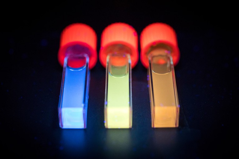 Coal-derived graphene quantum dots (CQDs) emitting light of different colours after UV (ultraviolet) light exposure.