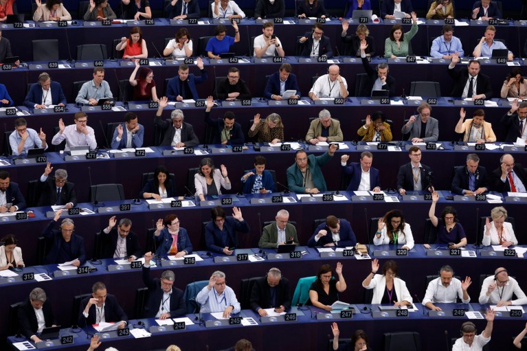 Rows of seated lawmakers raise their arms while voting