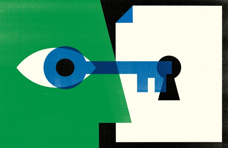 Cartoon of a face with a key appearing from the eye going into a lock in a document beside it.