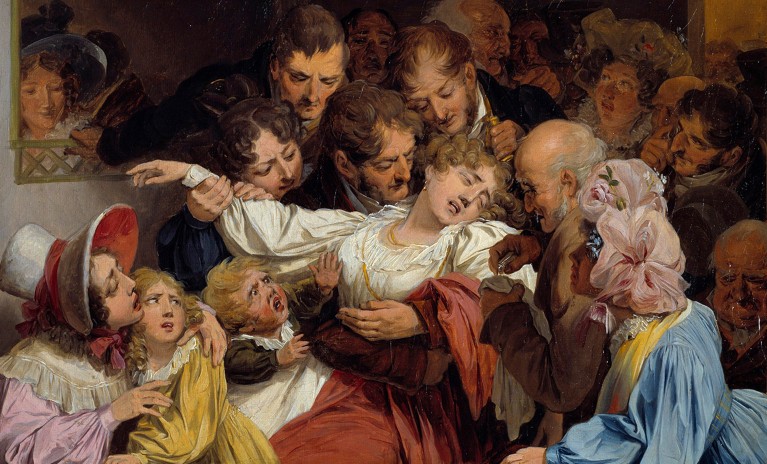 A painting of a young woman in Georgian clothing fainting in a theatre box, surrounded by anxious people.