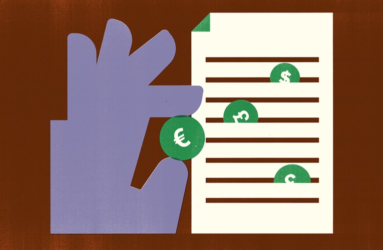 Cartoon of a hand placing coins into slots within a document icon.