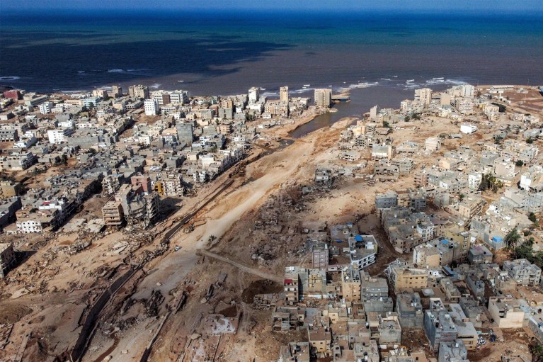 An aerial view of Libya's eastern city of Derna following deadly flash floods