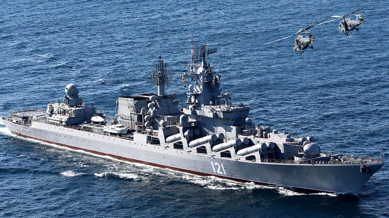 The Russian Navy flagship cruiser " Moskva " at sea. The Moskva sank in the Black sea after a Ukrainian missile strike.