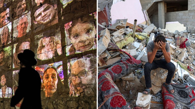 A composite of a man passing a wall in Jerusalem displaying October 7 hostages & a young man sits on the rubble following an Israeli strike on the Rafah refugee camp.