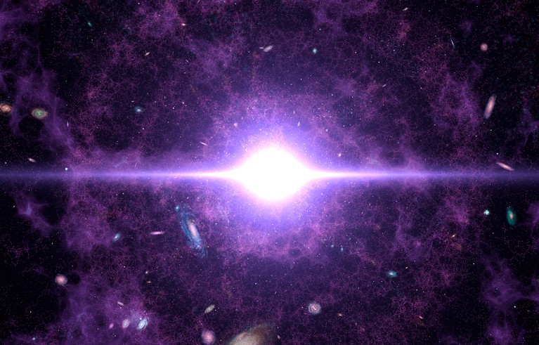 A bright light inside an expanding cloud of purple gas.